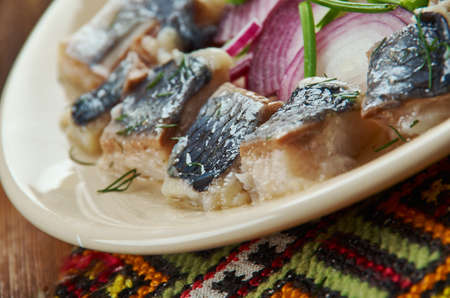 Christmas herring, Lithuanian  cuisine, Baltic Traditional assorted dishes, Top view.の写真素材