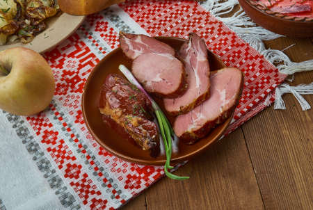 Polendvitsa, Dried pork fillet,  Belarusian  cuisine, Traditional assorted dishes, Top view.の写真素材
