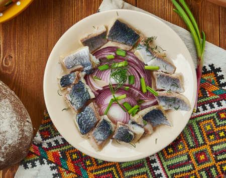 Christmas herring, Lithuanian  cuisine, Baltic Traditional assorted dishes, Top view.の写真素材