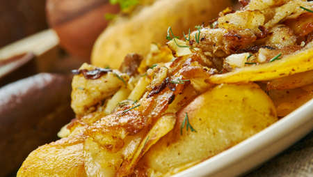 Scottish Neeps and Tatties, Scottish cuisine, Traditional assorted dishes, Top view.