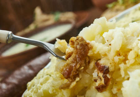 Scottish Potato Pie, Shepherd's Pie, Scottish cuisine, Traditional assorted dishes, Top view.