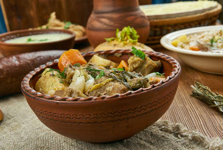 Slow Cooked Scottish Beef Stew, Scottish cuisine, Traditional assorted dishes, Top view.の写真素材