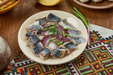 Christmas herring, Lithuanian  cuisine, Baltic Traditional assorted dishes, Top view.の写真素材