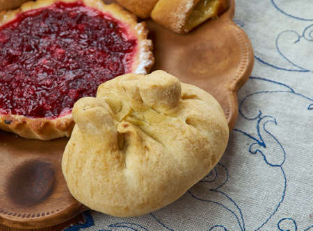 Paramats, Finnish pies, Finnish cuisine, Traditional assorted dishes, Top view.