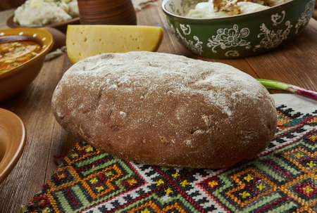 dark rye bread, Lithuanian  cuisine, Baltic Traditional assorted dishes, Top view.
