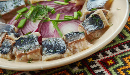 Christmas herring, Lithuanian  cuisine, Baltic Traditional assorted dishes, Top view.の写真素材