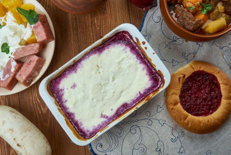 Kalvdans,  classical Scandinavian dessert, Finnish cuisine, Traditional assorted dishes, Top view.の写真素材