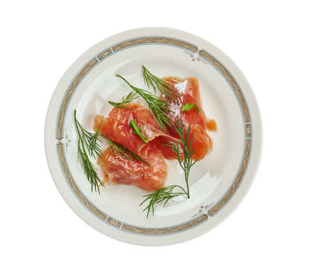 Graavilohi -  Nordic dish consisting of raw salmon, cured in salt, sugar, and dill.の写真素材