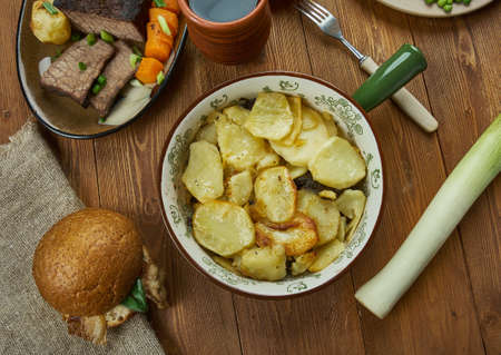 Lancashire Hot Pot , English cuisine,  famous meat and potato combination,. Britain Traditional assorted dishes, Top view.の写真素材