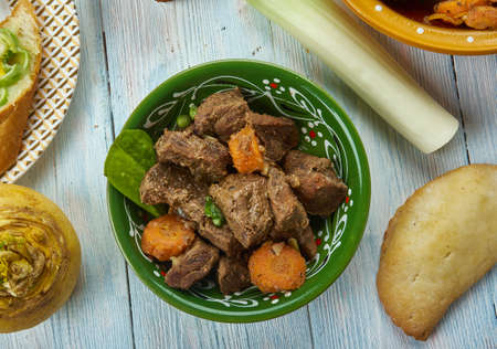 Scouse,  lamb or beef stew,  Welsh, cuisine, British Traditional assorted dishes, Top view.