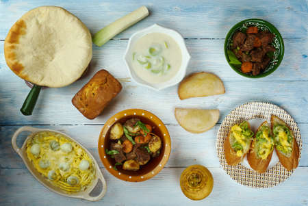 Welsh, cuisine, British Traditional assorted dishes, Top view.