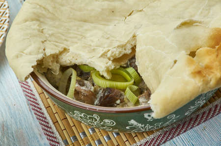 Beef, Leek, and Mushroom Pie,  Welsh, cuisine, British Traditional assorted dishes, Top view.の写真素材