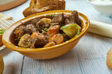 Cawl, Welsh, cuisine, British Traditional assorted dishes, Top view.
