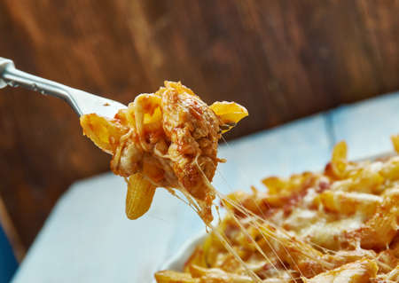 Chicken Parmesan Baked Ziti, close up Italian dishesの写真素材