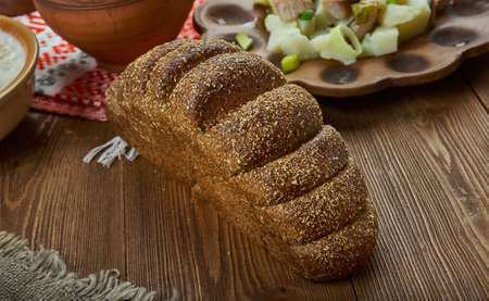 Rupjmaize,  traditional dark bread , Latvian cuisine, Traditional assorted dishes, Top view.