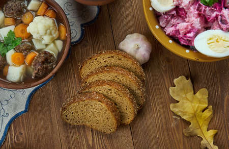 Homemade Bread,  What Estonians Eat, Estonian cuisine, Traditional assorted dishes, Top view.