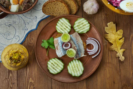 Kiluvoileib, Sprat Sandwich,  Estonian cuisine, Traditional assorted dishes, Top view.