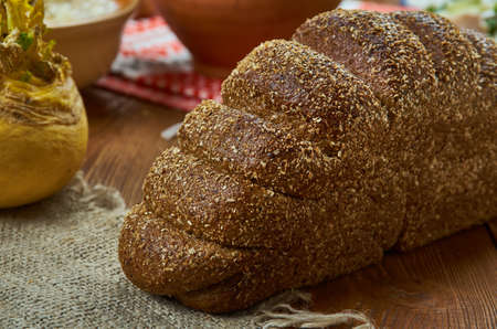 Rupjmaize,  traditional dark bread , Latvian cuisine, Traditional assorted dishes, Top view.