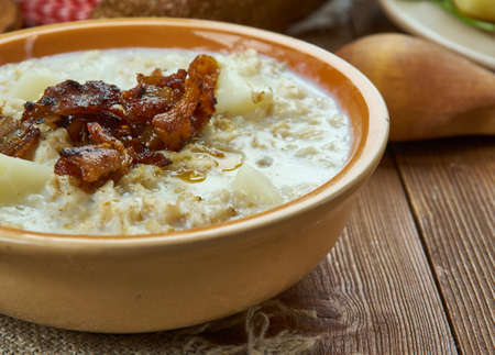 Bukstinbiezputra,  Porridge with potatoes or barley porridge, Latvian cuisine, Traditional assorted dishes, Top view.の写真素材