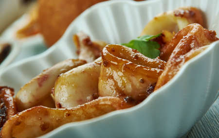 Adobong Pusit , Squid Adobo, Filipino cuisine, Traditional assorted dishes, Top view.の写真素材