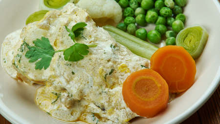 Prinsefisk, Cod in cream sauce, Norwegian  cuisine,  Traditional assorted dishes, Top view.の写真素材