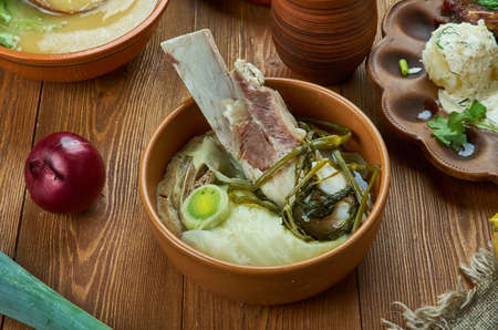 Farikal, Norwegian  cuisine, mutton with bone, cabbage, whole black pepper and often a little wheat flour,  Traditional assorted dishes, Top view.の写真素材