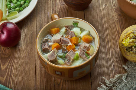 Smamat, Norwegian stew of various types of meat and vegetables in a thick soup, Norwegian  cuisine,  Traditional assorted dishes, Top view.の写真素材