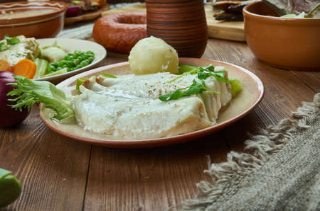 Lutefisk,  traditional dish of some Nordic countries, Norwegian  cuisine,  Traditional assorted dishes, Top view.の写真素材