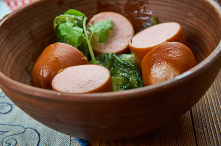 Rookworst,  Dutch sausage in which ground meat is mixed with spices, Dutch cuisine, Traditional assorted dishes, Top view.の写真素材