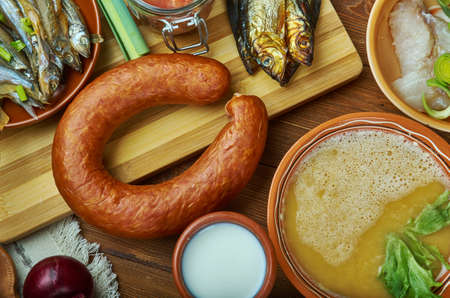 Vossakorv, smoked sausage lamb and pork, Norwegian  cuisine,  Traditional assorted dishes, Top view.の写真素材