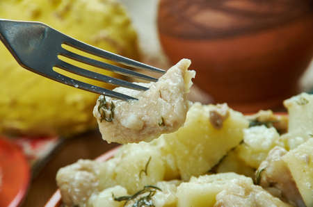 Labskovs, Danish Labskaus, homemade cuisine, Traditional assorted dishes, Top view.