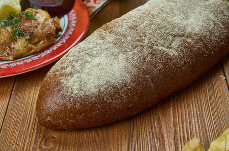 Rugbrod, Danish style rye bread, Danish homemade cuisine, Traditional assorted dishes, Top view.