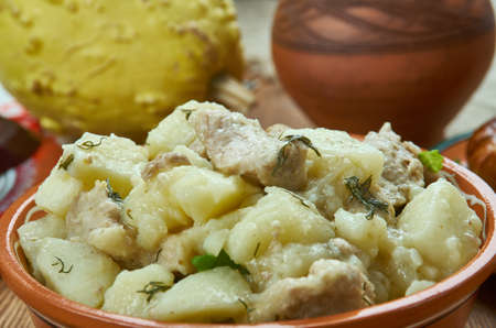 Labskovs, Danish Labskaus, homemade cuisine, Traditional assorted dishes, Top view.の写真素材