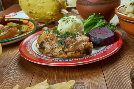 Andesteg, Danish christmas roast duck, homemade cuisine, Traditional assorted dishes, Top view.の写真素材