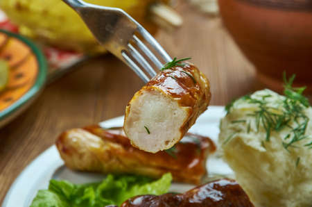 Medisterpolse,  Scandinavian  spiced sausage made of minced pork and suet, Danish homemade cuisine, Traditional assorted dishes, Top view.の写真素材