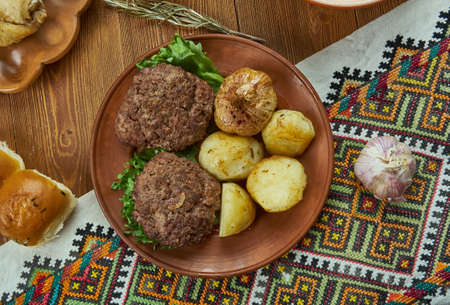 Sichenyky, Ukrainian meat patties , Ukrainian cuisine,  Traditional assorted dishes, Top view.の写真素材