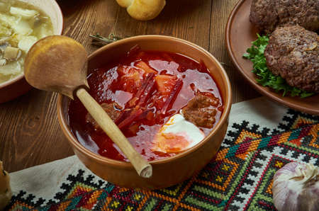Borscht, sour beetroots soup,   Ukrainian cuisine,  Traditional assorted dishes, Top view.の写真素材