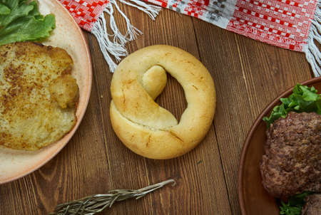 Bublik, bread roll. Ukrainian cuisine,  Traditional assorted dishes, Top view.