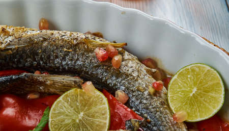 Baked Grey Mullet , Middle Eastern cuisine Levant, Traditional assorted dishes, Top view
