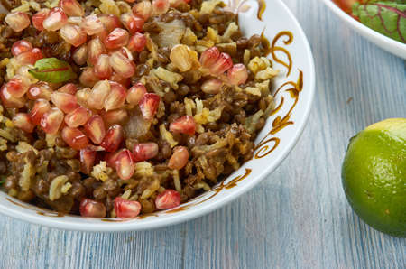 Mujadara, Lentils and Rice with Crispy Onions, Middle Eastern cuisine Levant, Traditional assorted...
