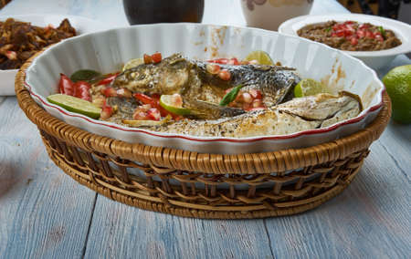 Baked Grey Mullet , Middle Eastern cuisine Levant, Traditional assorted dishes, Top view