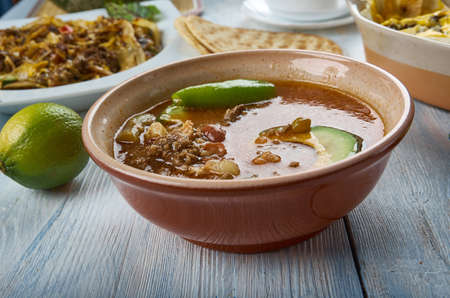 Tex-Mex Ultimate Tater Soup, Tater Soup, Tex-Mex  cuisine, Traditional assorted dishes, Top view.