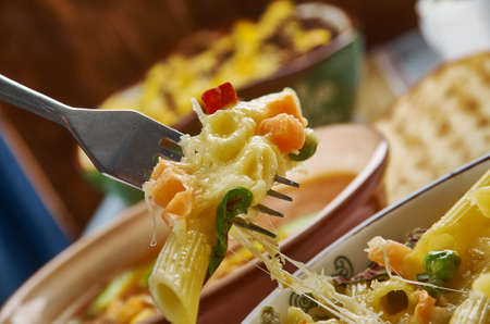Cheesy Tex Mex Chicken Penne, Tex-Mex  cuisine, Traditional assorted dishes, Top view.