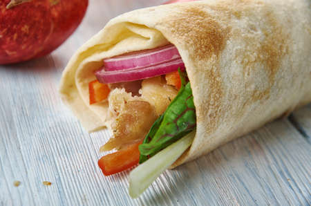 Chicken Shawarma, Afghani uisine, central Asia Traditional assorted dishes, Top view.