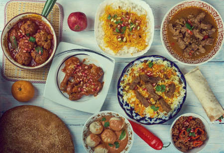 Afghani uisine, central Asia Traditional assorted dishes, Top view.の写真素材