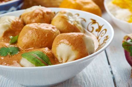 Mantu, Beef Dumplings. Afghani uisine, central Asia Traditional assorted dishes, Top view.
