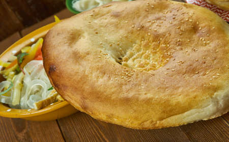 Naan, Kyrgyz bread, Kyrgyz  cuisine, Traditional assorted dishes, Top view.の写真素材