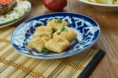 Boortsog,  fried dough food, Kyrgyz  cuisine, Traditional assorted dishes, Top view.