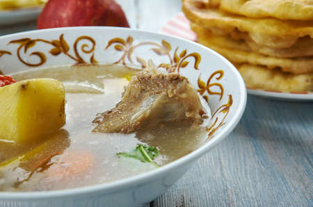 Sorpa stew, aromatic meat broth, Kazakh, cuisine, Traditional assorted dishes  Kazakhstan, Top view.