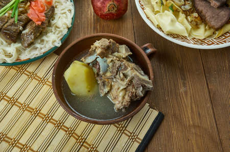 Shorpo ,  aromatic meat broth,  Kyrgyz  cuisine, Traditional assorted dishes, Top view.の写真素材